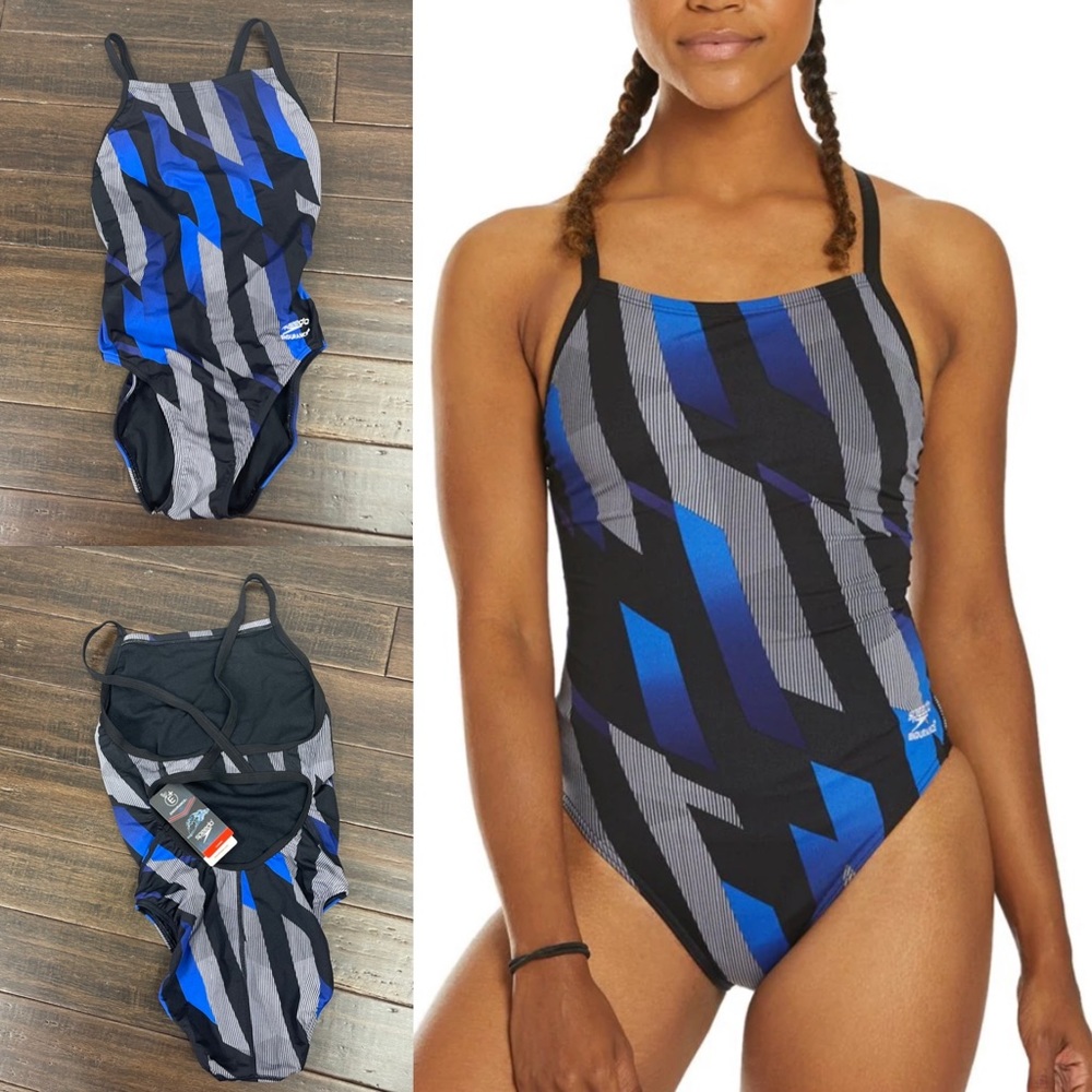 Speedo Women Endurance+ Pinstripe Flight Flyback One Piece Swimsuit Size 32